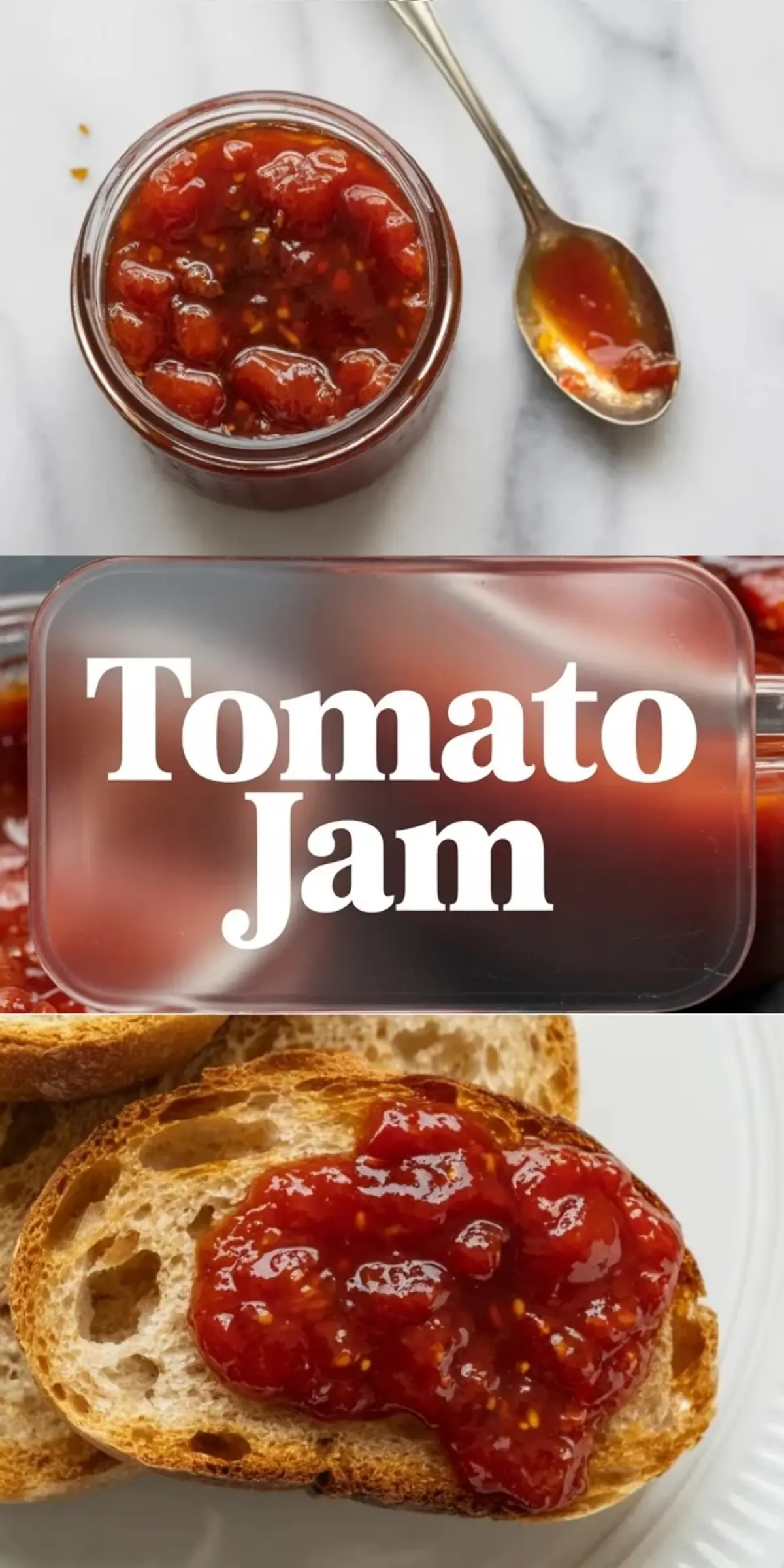 Tomato jam collage shows a jar of homemade tomato jam, a spoonful of glossy spread, and toasted bread topped with rich sweet savory tomato jam.