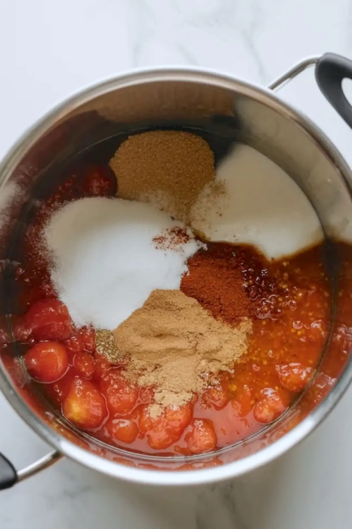 Tomatoes cook in a saucepan with sugar and spices for this homemade tomato jam recipe and sweet savory condiment.