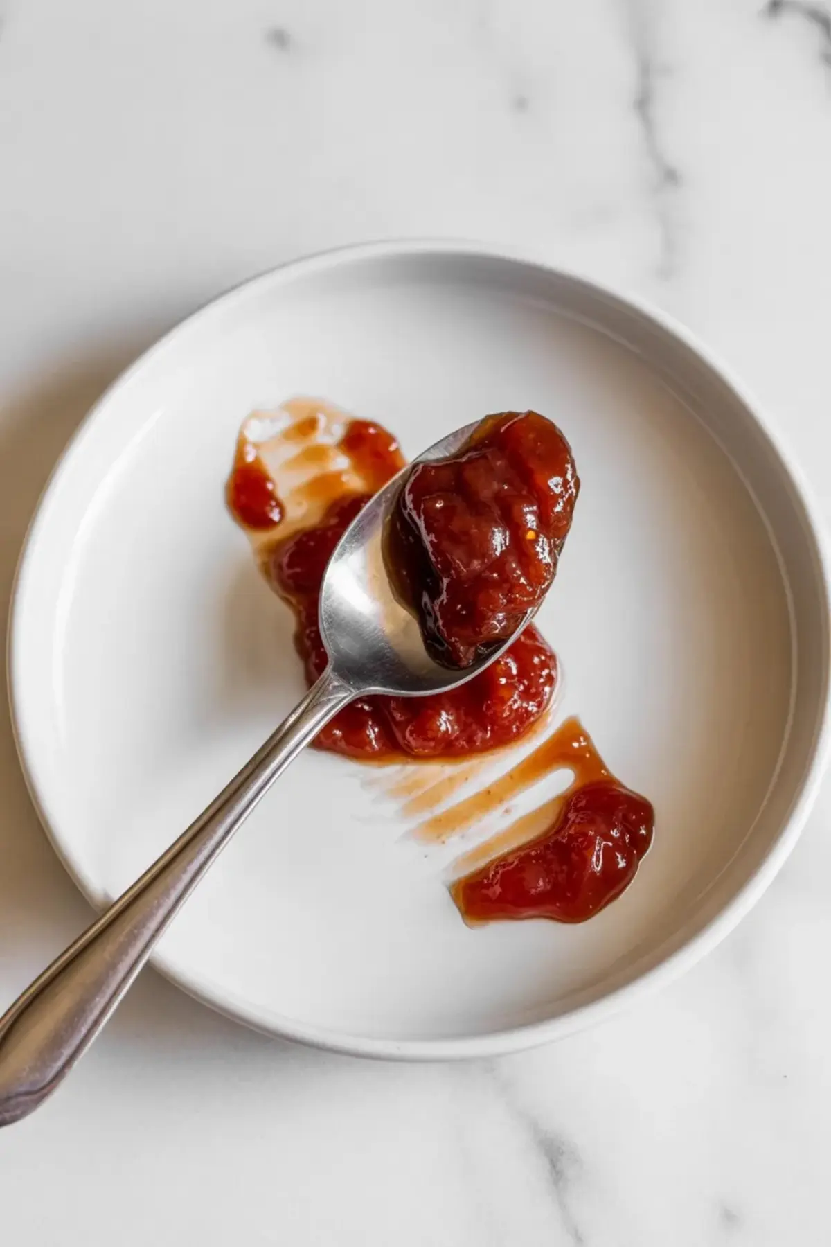 A spoon lifts thick glossy tomato jam over a white plate, showing the chunky texture of this homemade savory spread and condiment.