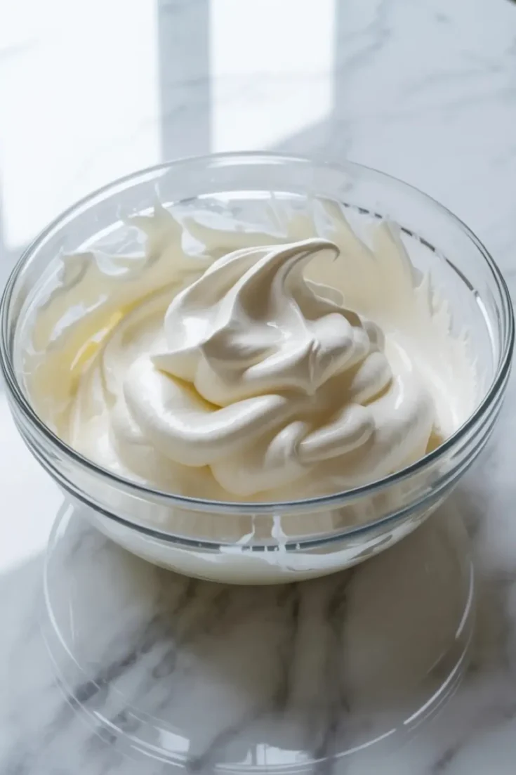 Smooth vanilla mousse cake filling in a clear glass bowl on white marble, showing the airy texture of the finished filling.