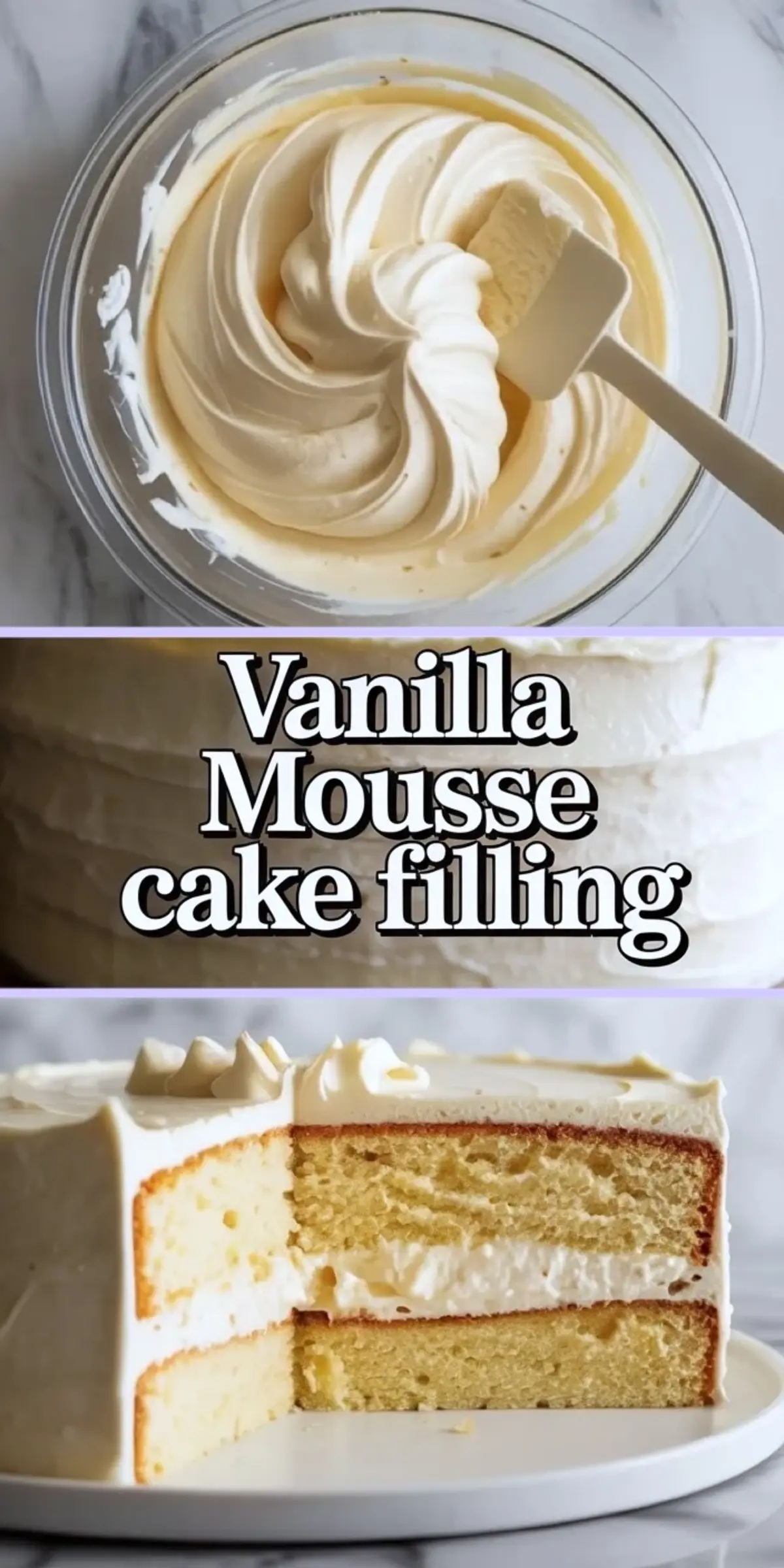 Collage of vanilla mousse cake filling in a bowl and a frosted vanilla layer cake sliced to show the mousse filling inside.