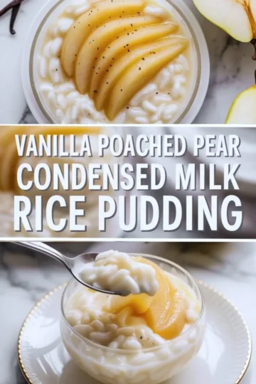 Vanilla poached pear condensed milk rice pudding collage showing the finished bowl and a creamy spoonful with pear slices.