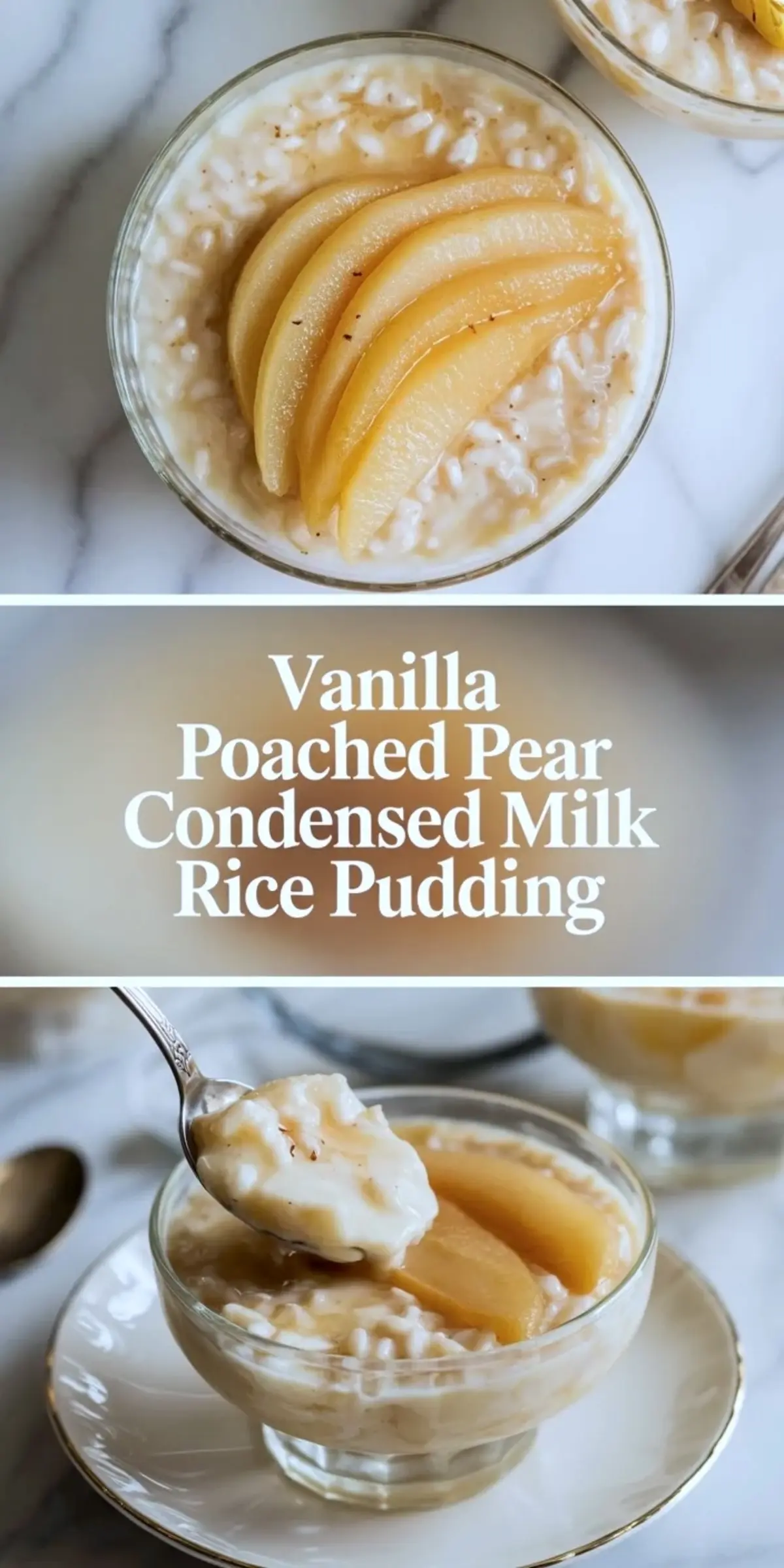 Pear rice pudding collage with a finished bowl of creamy rice pudding and a spoonful topped with poached pears.