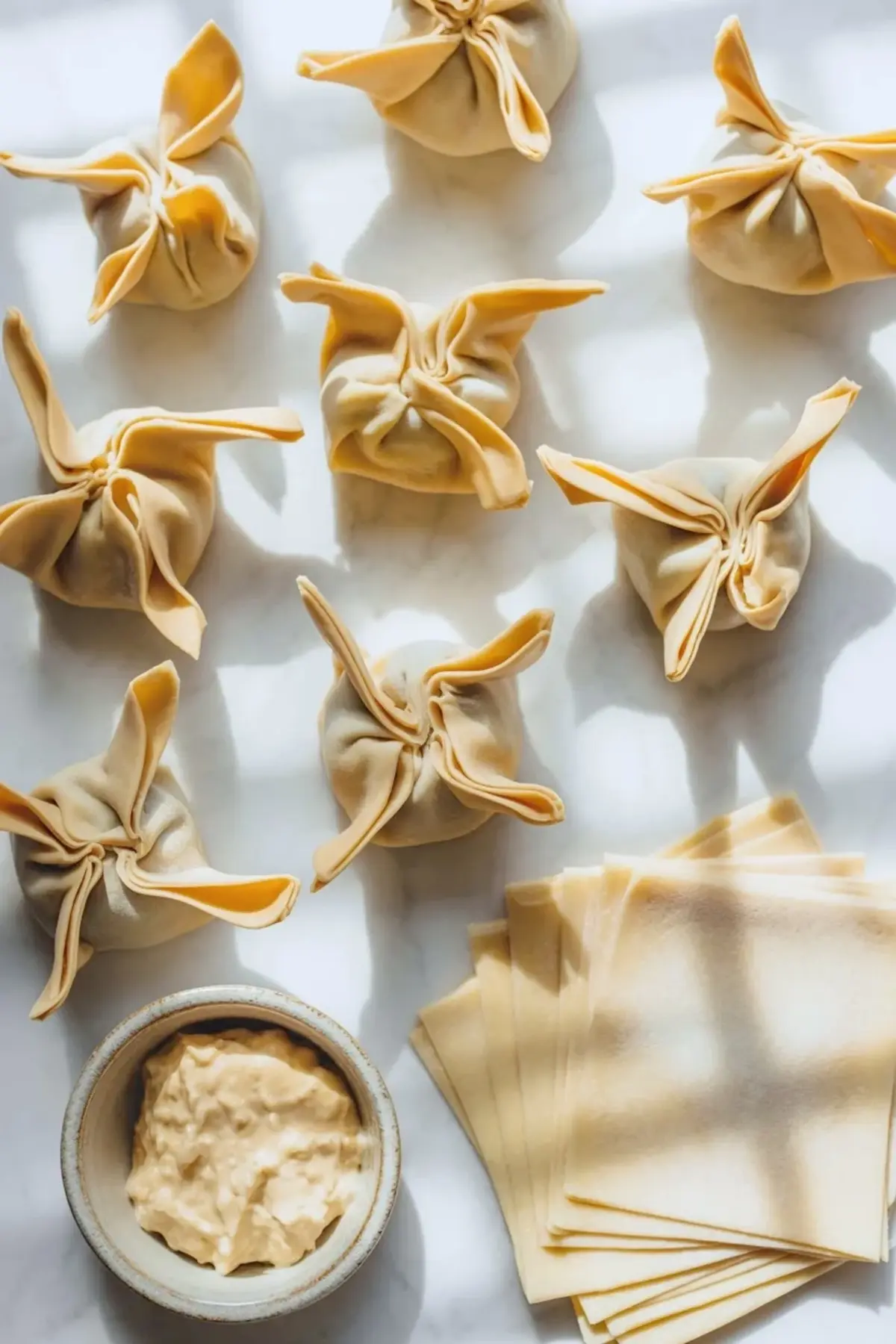 Uncooked cream cheese wontons sit folded on a marble surface beside a bowl of filling and a stack of wonton wrappers for honey walnut dessert wontons.
