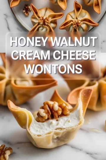 Honey walnut cream cheese wontons are shown in a close plated view with creamy filling, walnut topping, and glossy honey over crisp fried wonton wrappers.