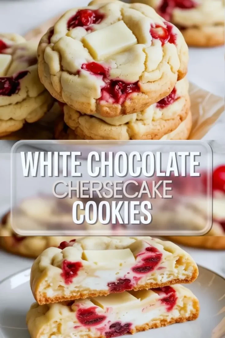 White chocolate cherry cheesecake cookies baked and arranged on a plate with creamy centers and cherry swirls.