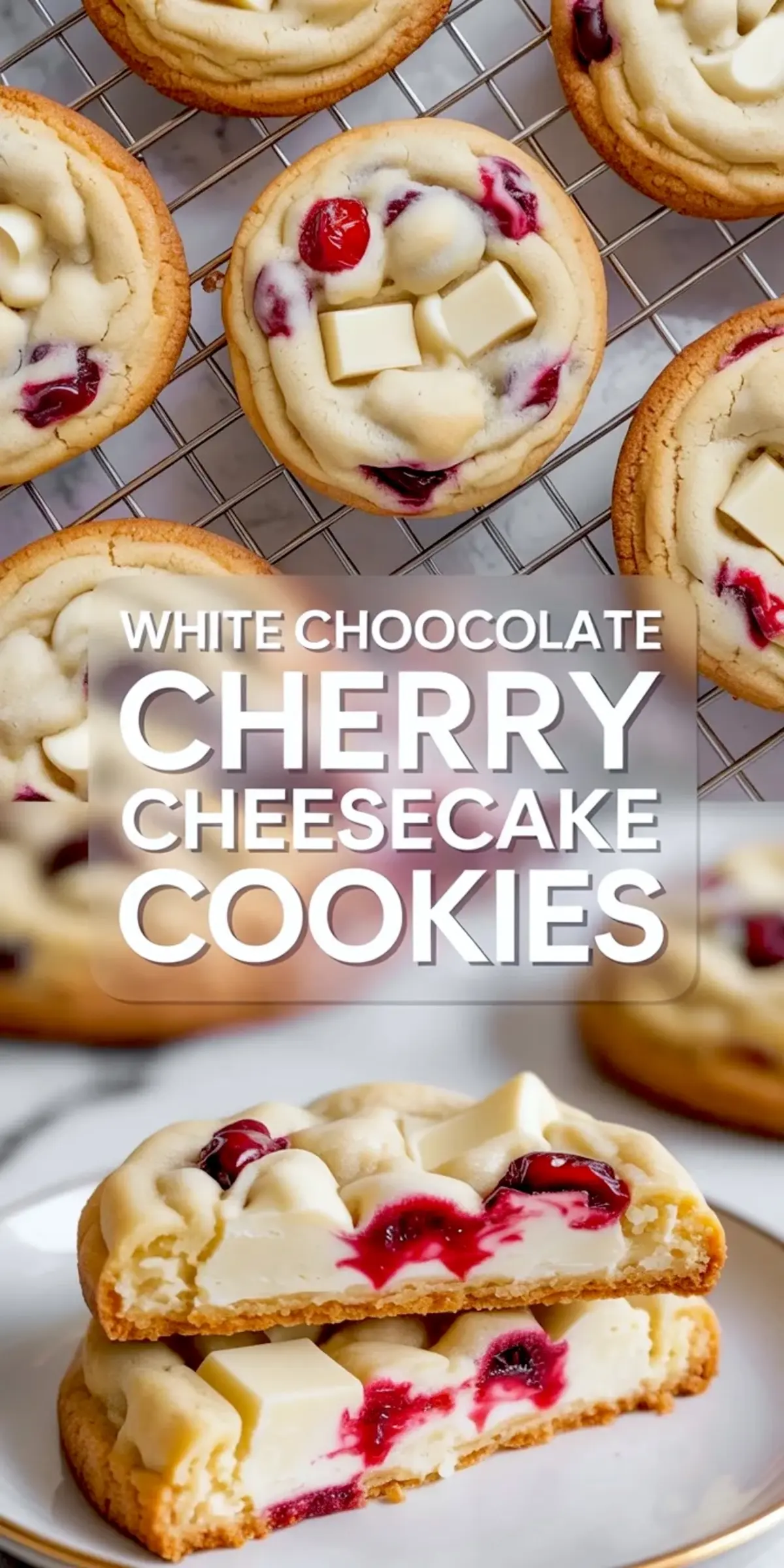 Collage of white chocolate cherry cheesecake cookies with cookies on a cooling rack and a close cookie cross section.