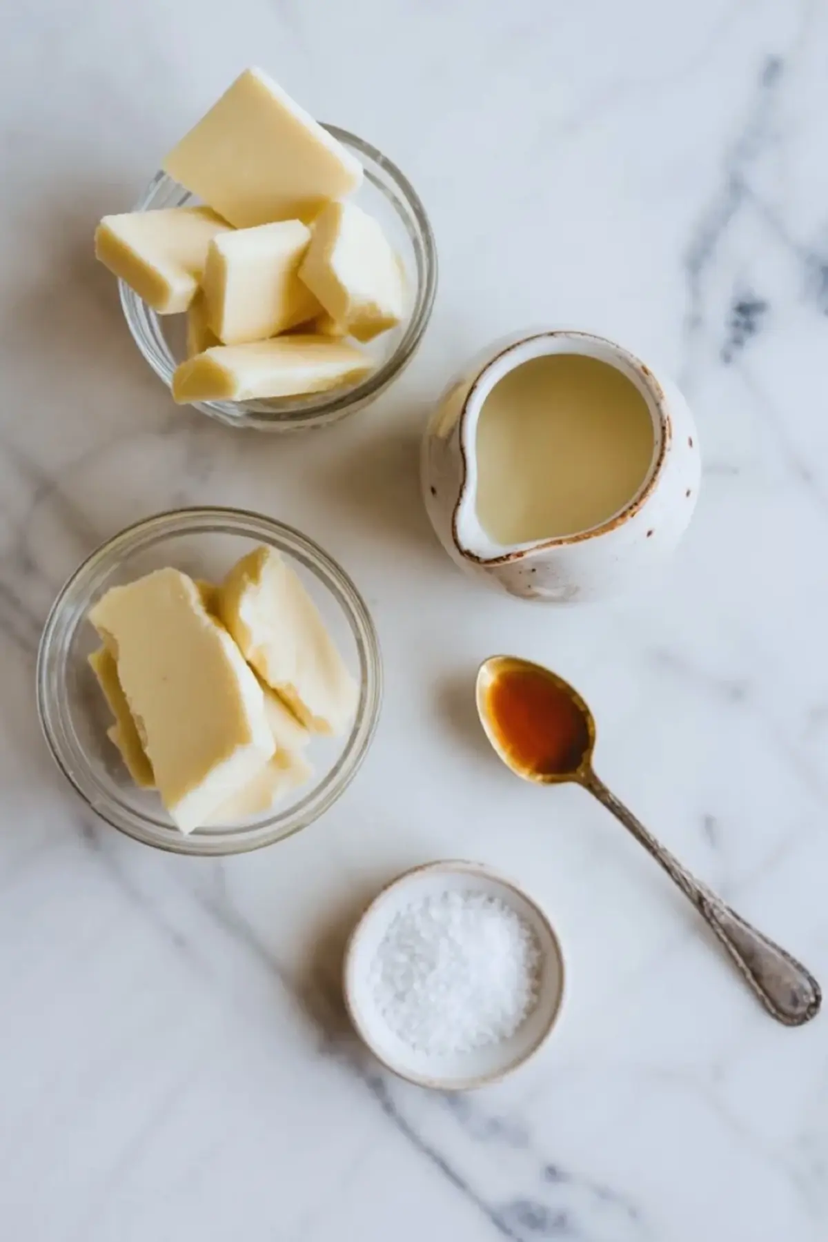 Ingredients for white chocolate ganache filling arranged in bowls with white chocolate, butter, cream, vanilla, and salt on white marble.