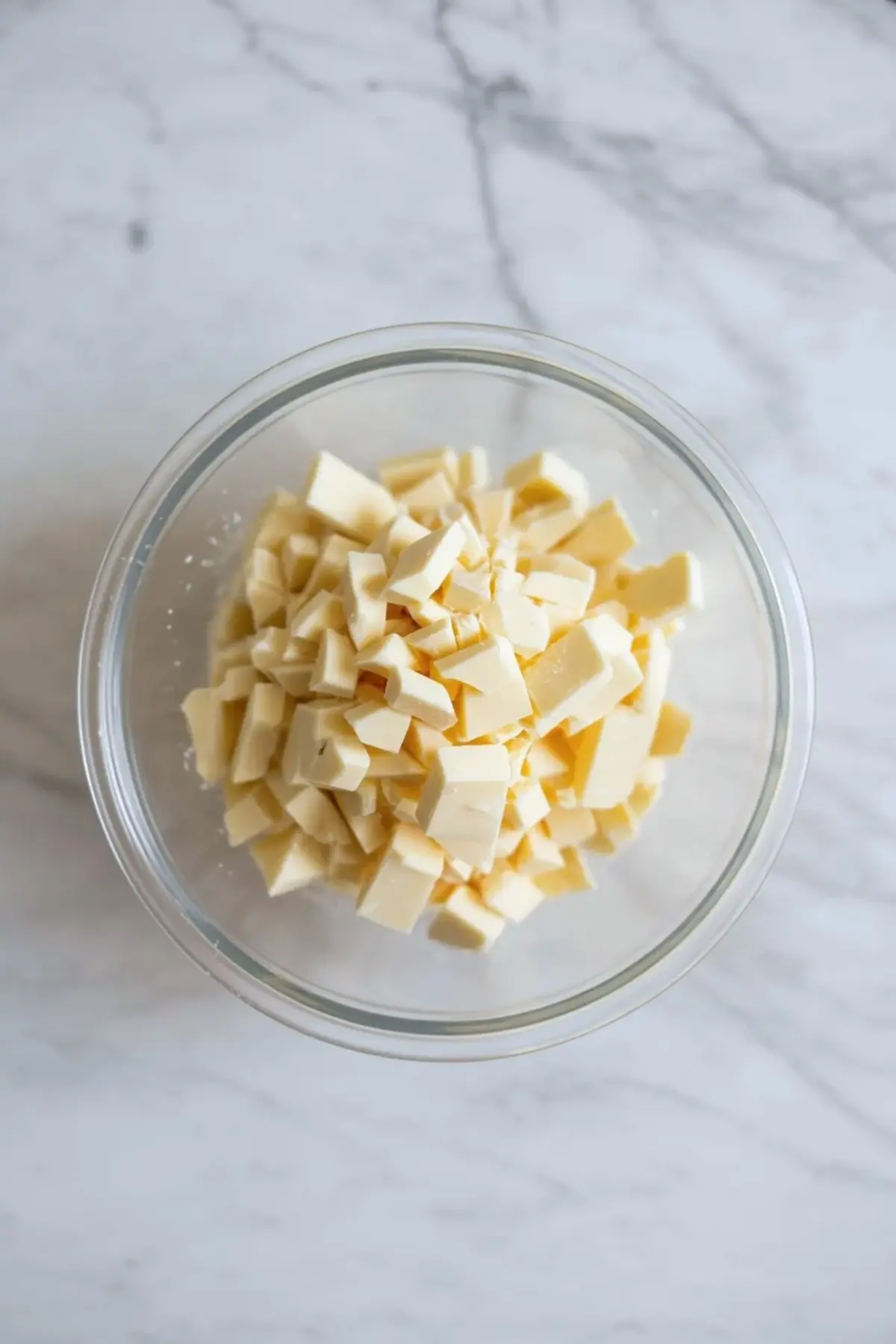 Chopped white chocolate in a glass bowl on white marble, ready to melt for white chocolate ganache filling.