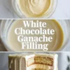 Smooth white chocolate ganache filling swirled in a glass bowl on white marble, showing the thick creamy texture.