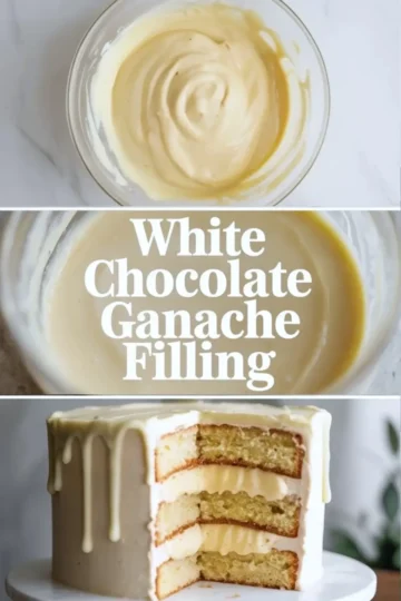 Smooth white chocolate ganache filling swirled in a glass bowl on white marble, showing the thick creamy texture.