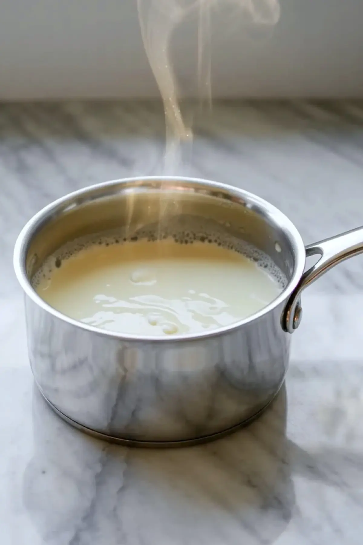 Warm cream pours into a saucepan on white marble during the first step of making white chocolate ganache filling.