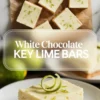 White chocolate key lime bar on a plate with a curled lime garnish, with more finished bars shown above in the same collage image.