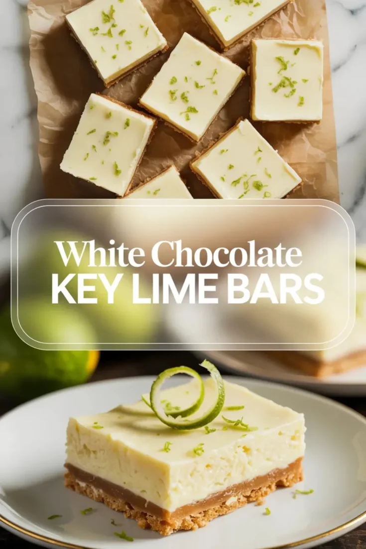 White chocolate key lime bar on a plate with a curled lime garnish, with more finished bars shown above in the same collage image.
