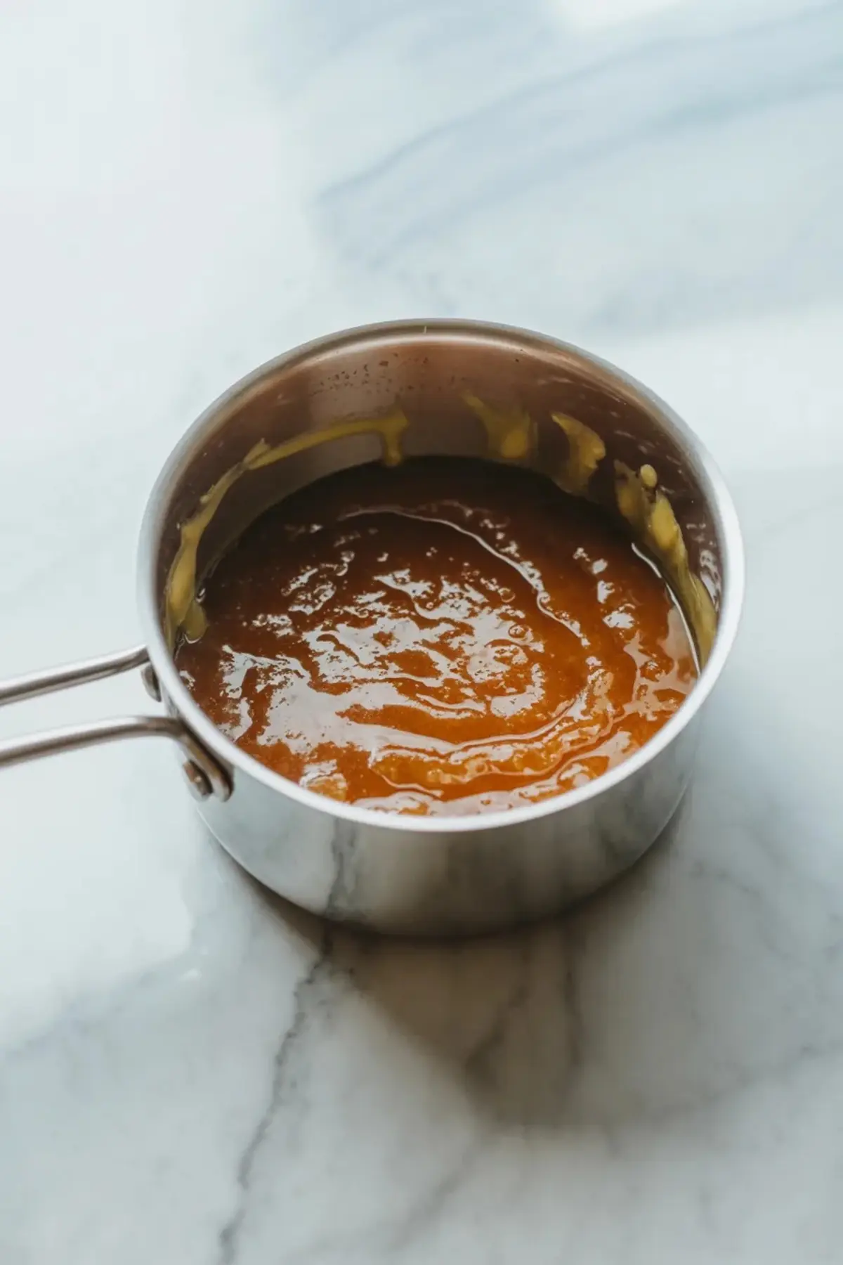 Small saucepan filled with the glossy caramel style middle layer for white chocolate key lime bars on a white marble surface.