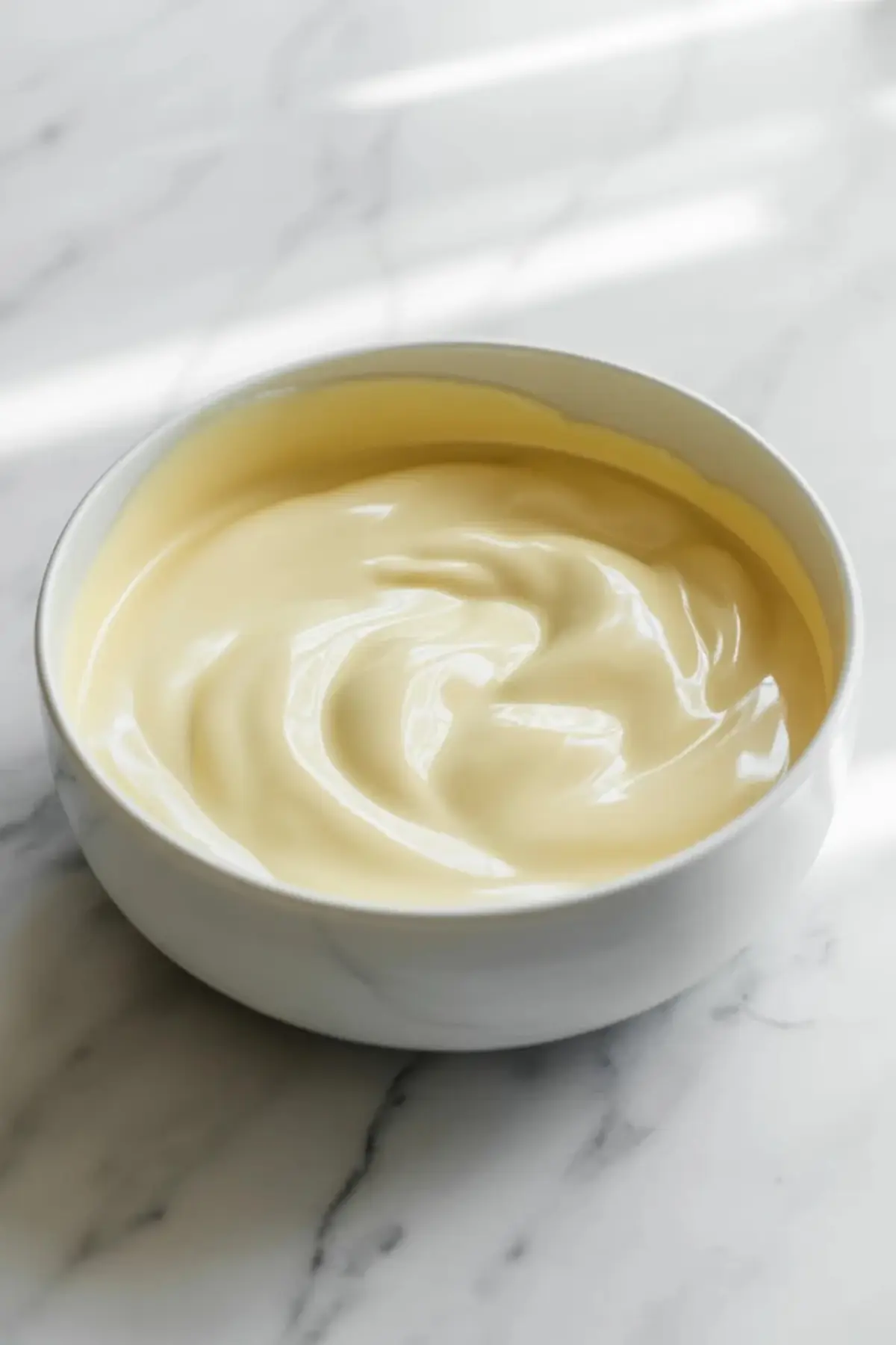 Smooth pale white chocolate key lime filling swirled in a white bowl before it is poured over the bars.