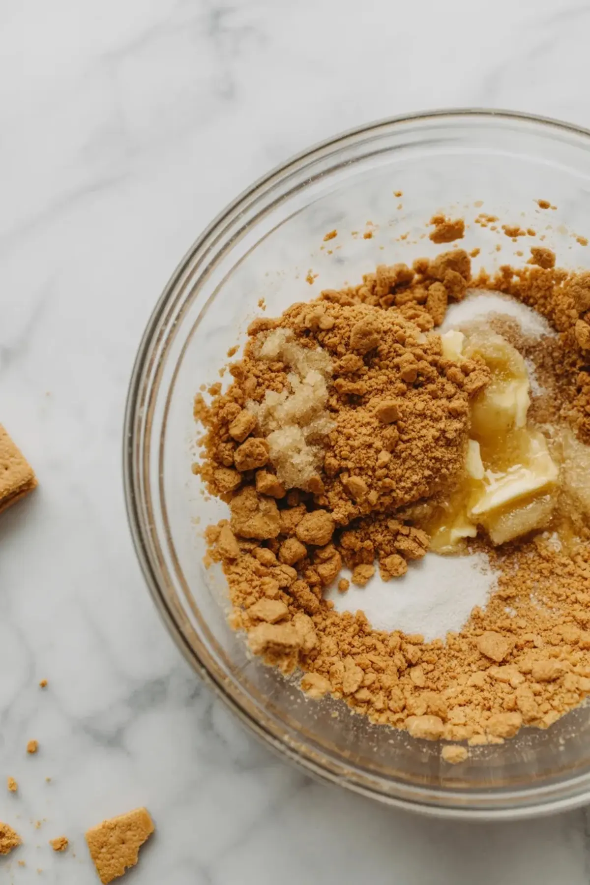 Graham cracker crumbs, sugar, and butter mixed in a glass bowl for the crust of white chocolate key lime bars.