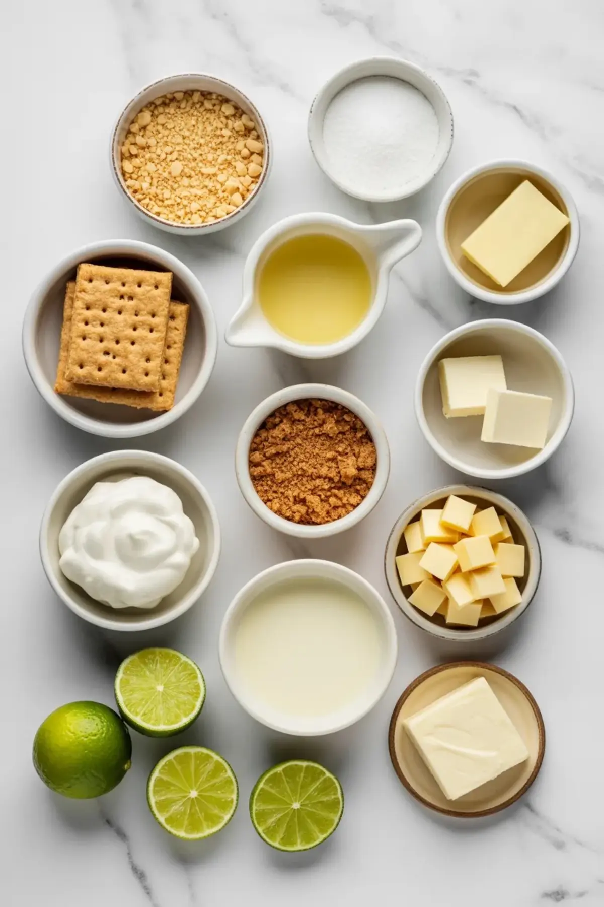 White chocolate key lime bars ingredients arranged in small bowls, including graham crackers, white chocolate, cream cheese, butter, sugar, and fresh limes.