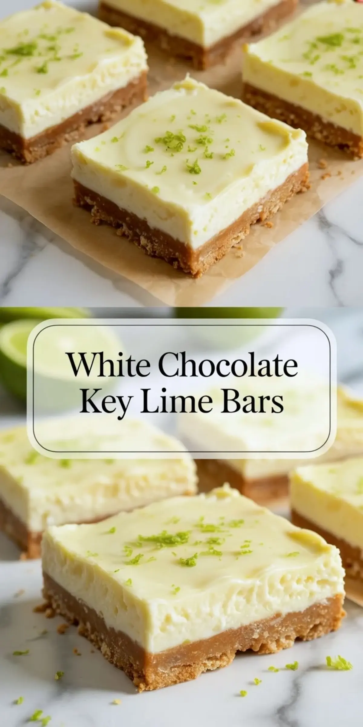 Collage of white chocolate key lime bars with close views of the creamy lime topping, caramel layer, and graham cracker crust.