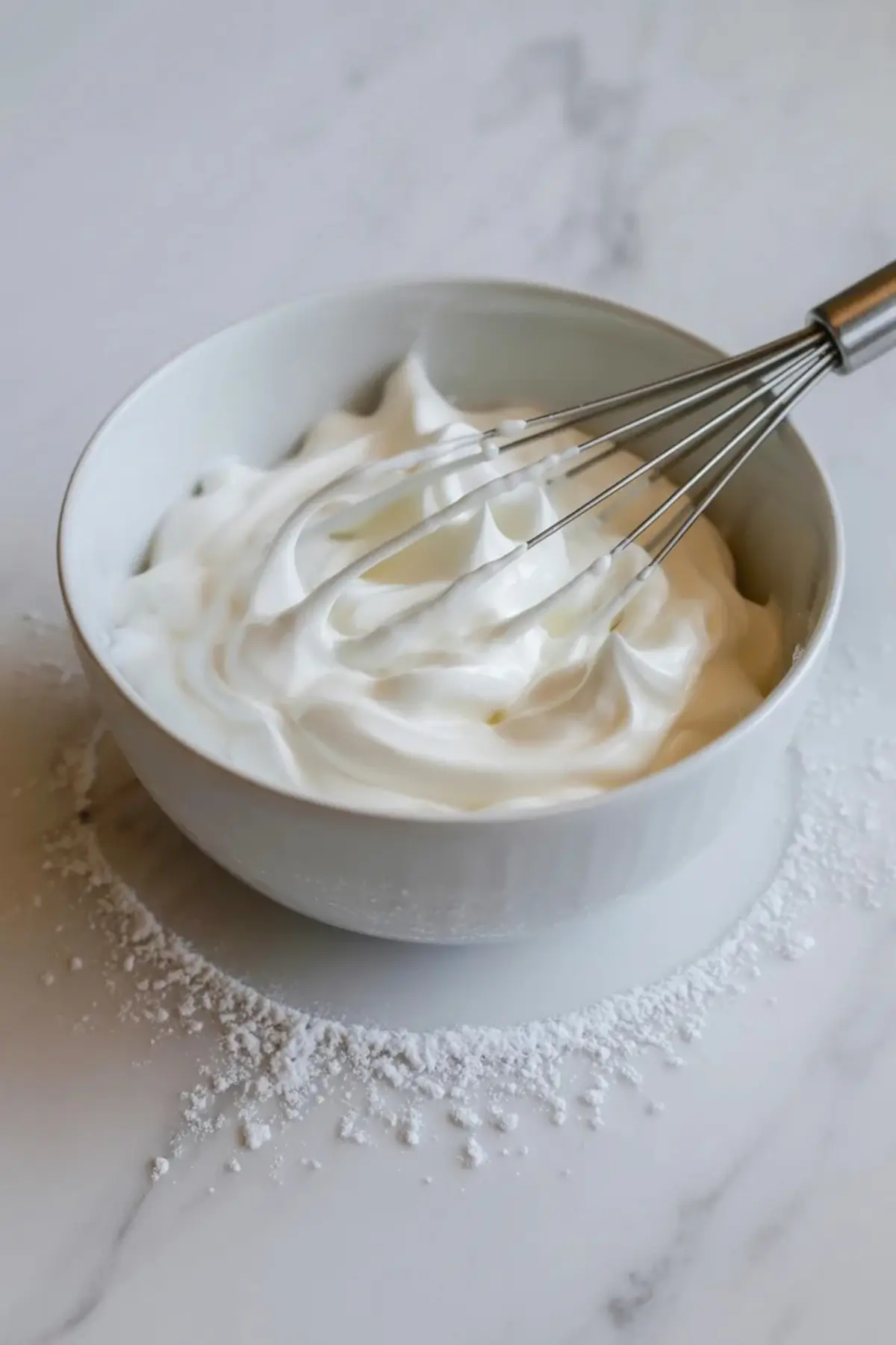Whipped topping for no-bake banana pudding bars in a white bowl on a marble surface before spreading over the filling.
