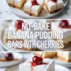 No-bake banana pudding bars shown in a 2 to 3 hero image with a tray of bars above and one plated bar below topped with whipped cream and a cherry.
