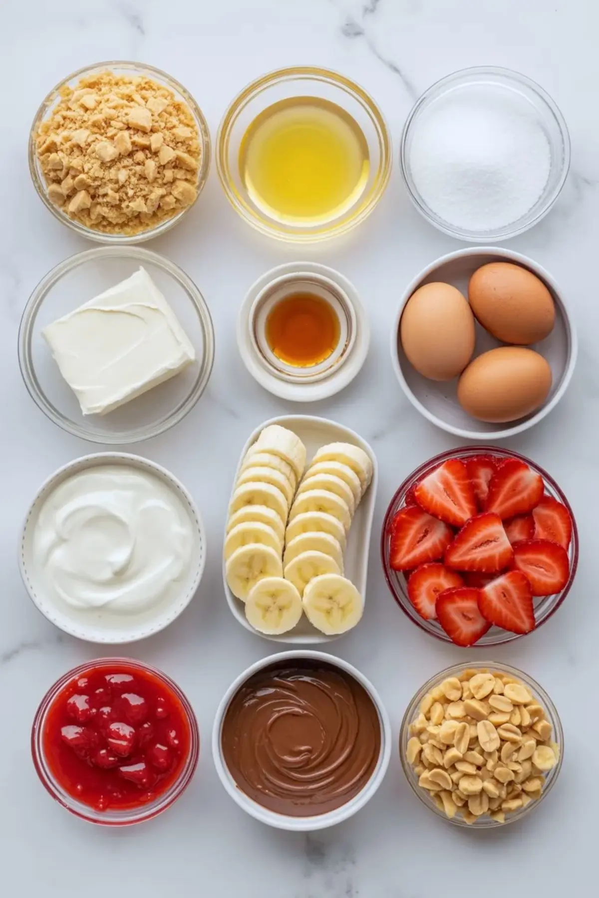 Ingredients for banana split cheesecake bars are arranged on white marble with cream cheese, bananas, strawberries, cookie crumbs, chocolate, and peanuts.