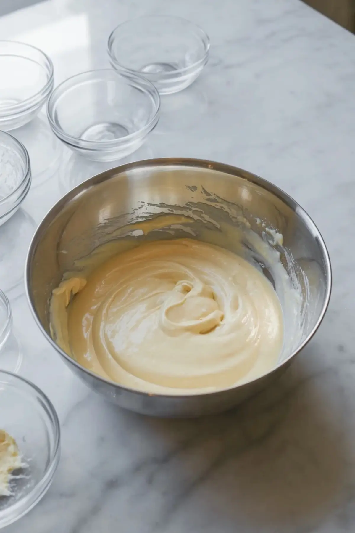 Smooth cheesecake filling for banana split cheesecake bars sits in a mixing bowl before it is spread over the crust.
