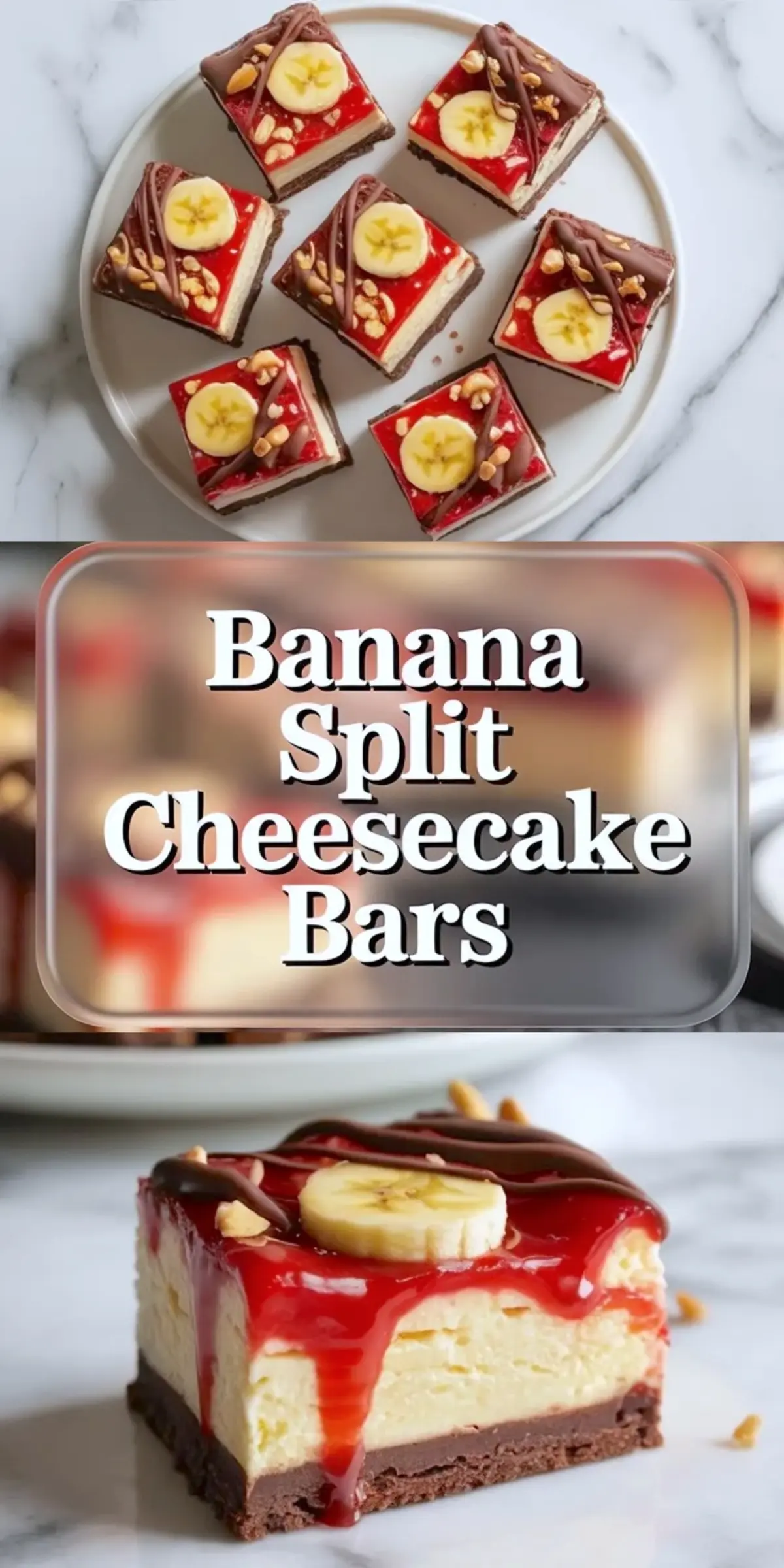 Collage of banana split cheesecake bars showing sliced bars on a platter and one close up bar with strawberry topping and banana.