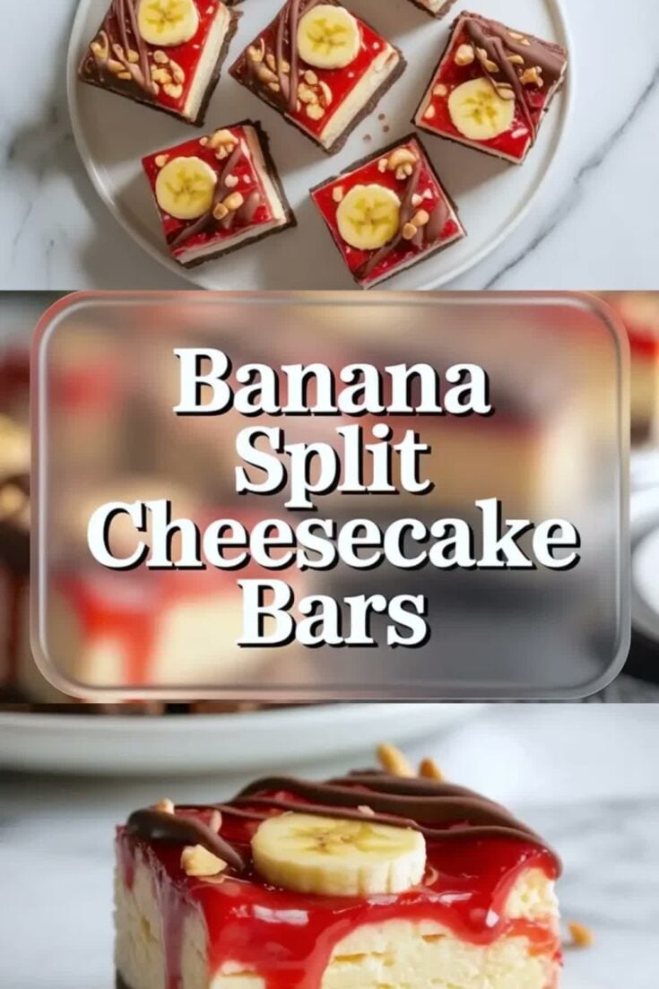 Featured image for banana split cheesecake bars showing sliced bars with banana, strawberry topping, and chocolate drizzle.