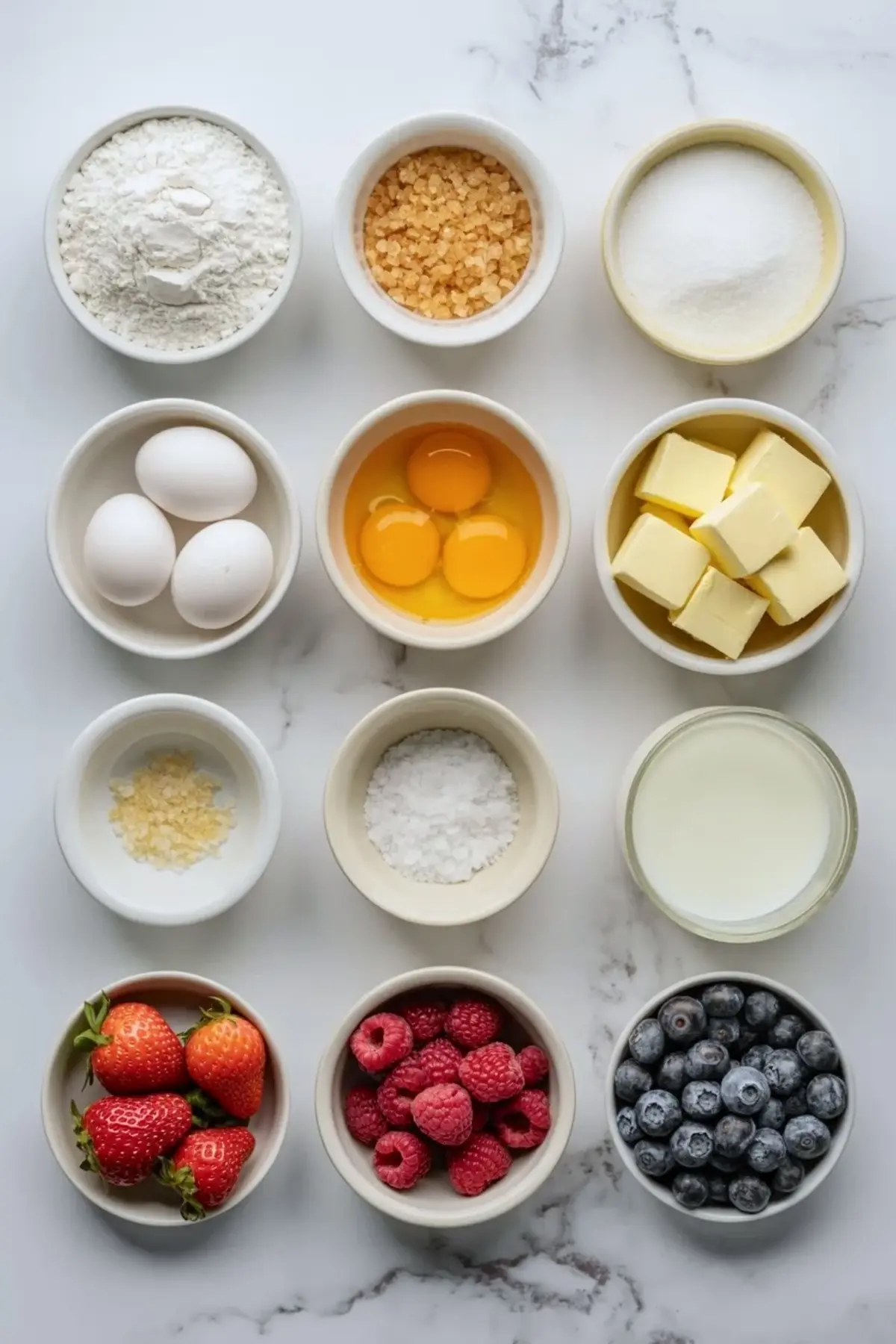 Ingredients for berry cream donuts arranged on marble with flour, eggs, butter, sugar, milk, strawberries, raspberries, and blueberries.