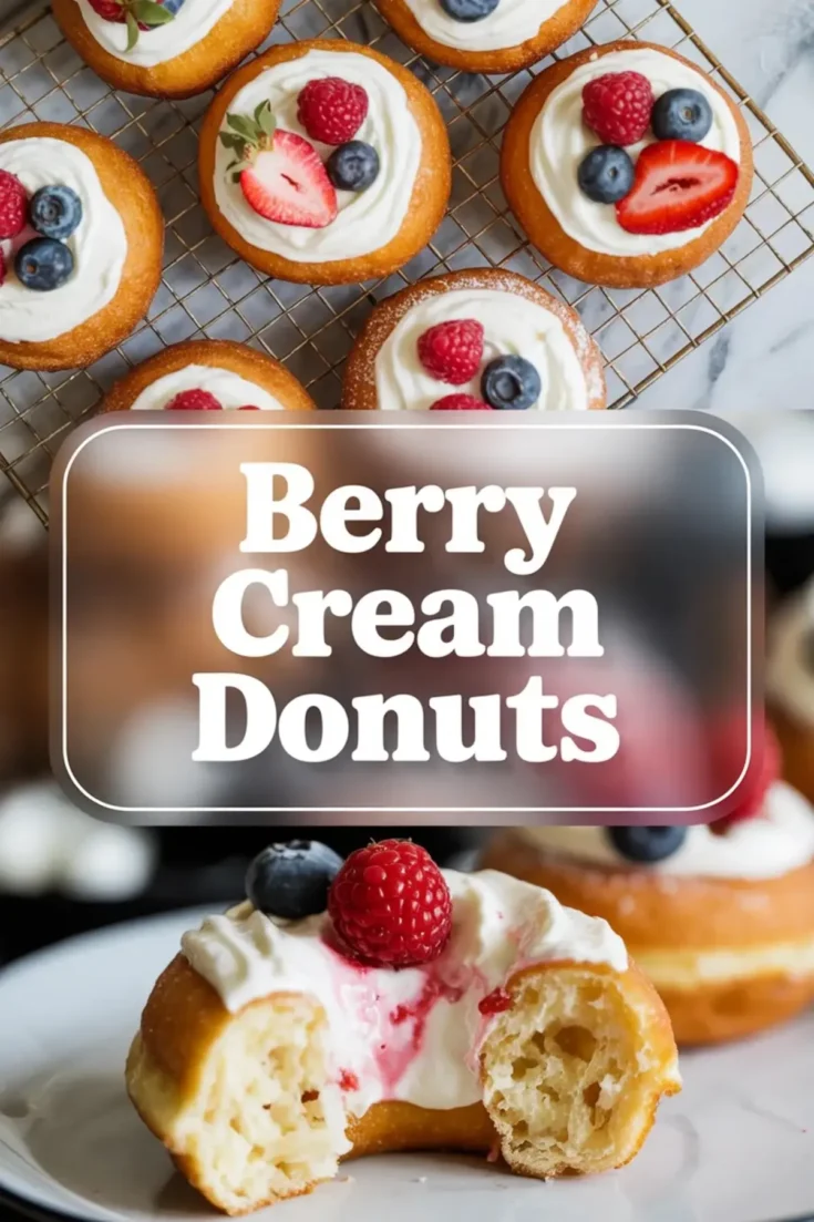 Vertical berry cream donuts hero image showing finished donuts topped with cream and berries and a split filled donut below, with title text overlay in the center.