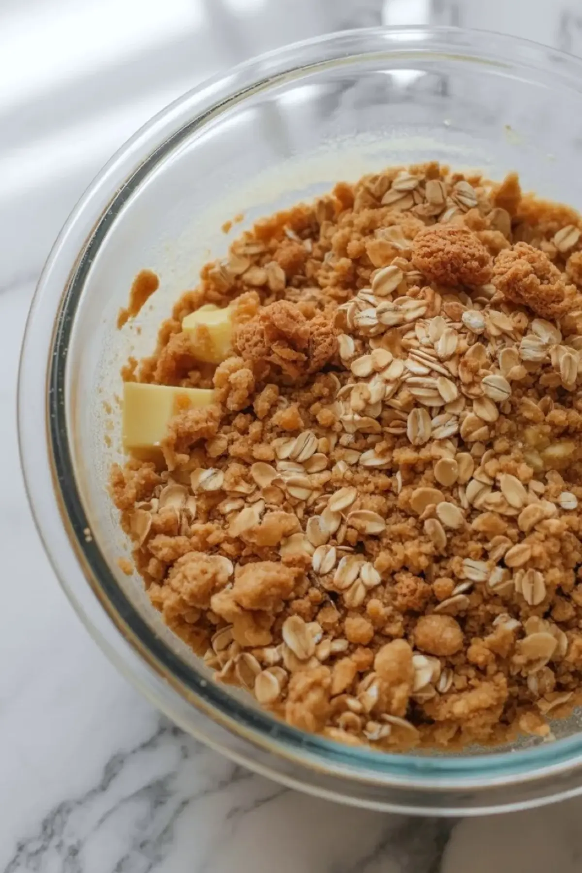 Blackberry crisp oat topping in a glass bowl with rolled oats, brown sugar, and butter mixed into crumbly clusters.