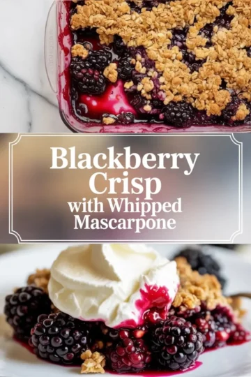 Vertical blackberry crisp hero image showing baked crisp and a plated serving topped with whipped mascarpone, with title text overlay in the center.