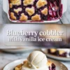 Vertical blueberry cobbler hero image showing the baked dessert and a plated serving, with title text overlay in the center.