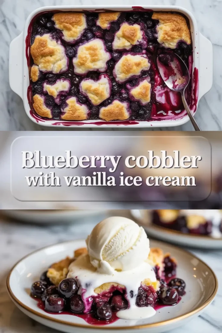 Vertical blueberry cobbler hero image showing the baked dessert and a plated serving, with title text overlay in the center.