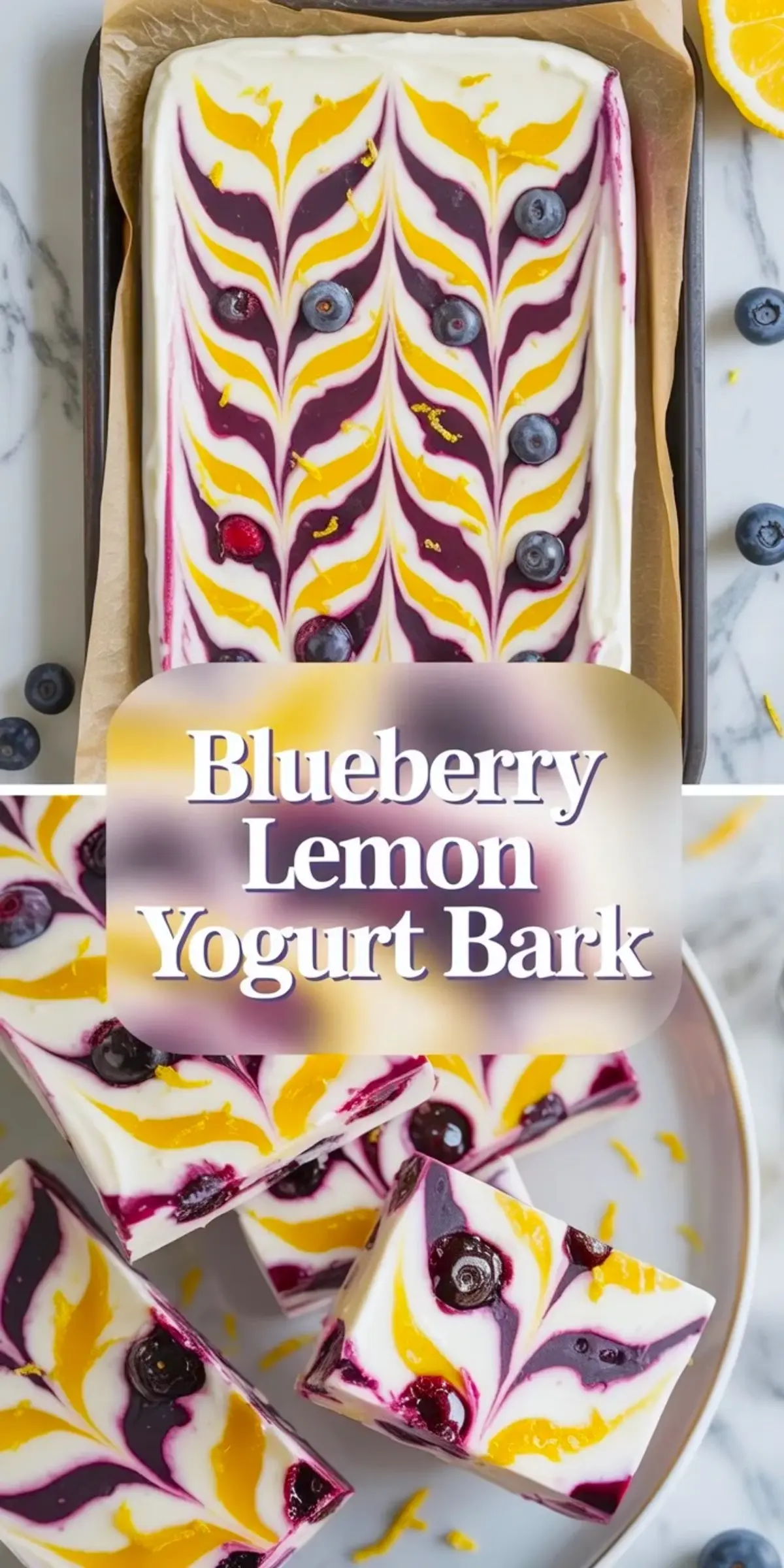 Blueberry lemon yogurt bark collage with a full tray and several cut squares showing blueberry swirls, lemon curd swirl, and whole blueberries.