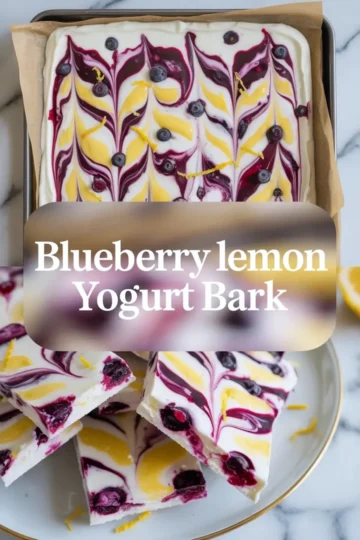 Blueberry lemon yogurt bark featured image with text overlay showing a tray of swirled yogurt bark and cut squares topped with blueberries and lemon zest.