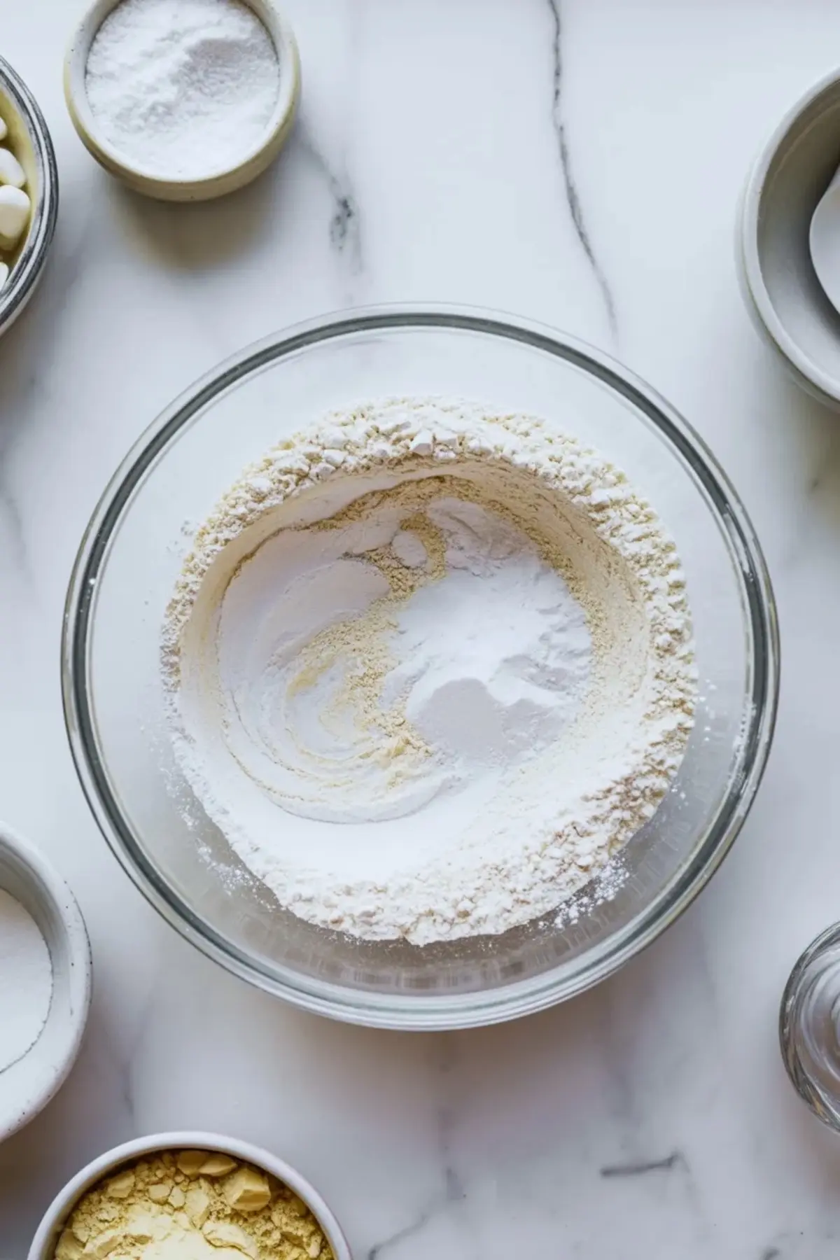 Dry ingredients measured in a glass bowl for blueberry olive oil snack cake before mixing.
