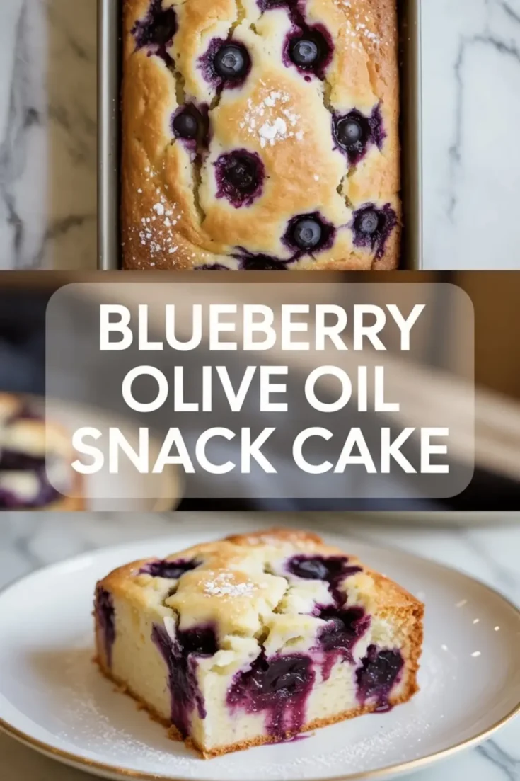 Blueberry olive oil snack cake in a loaf pan with a plated slice showing juicy blueberries and a tender pale crumb.