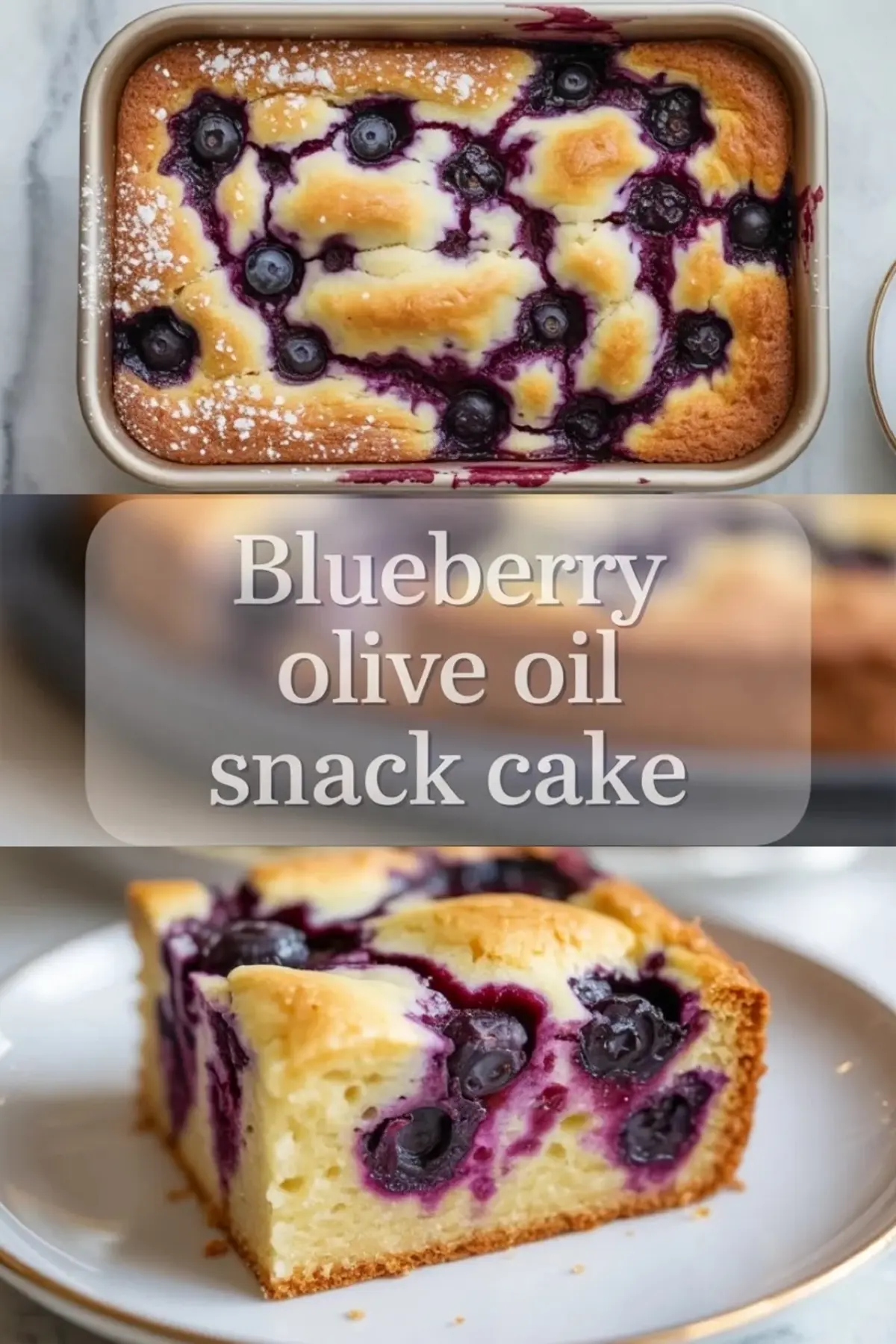 Blueberry olive oil snack cake in the loaf pan with powdered sugar on top and a close slice showing bursts of baked blueberries.
