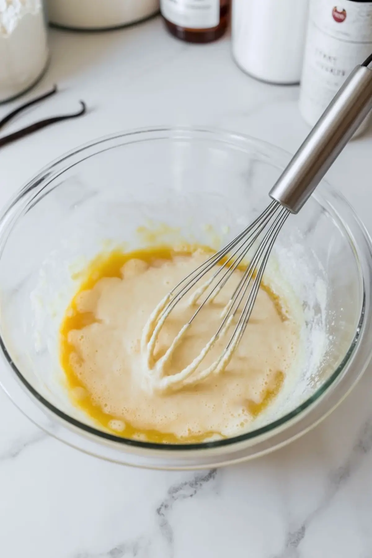 Smooth batter for blueberry olive oil snack cake in a glass bowl with lemon zest and vanilla nearby.