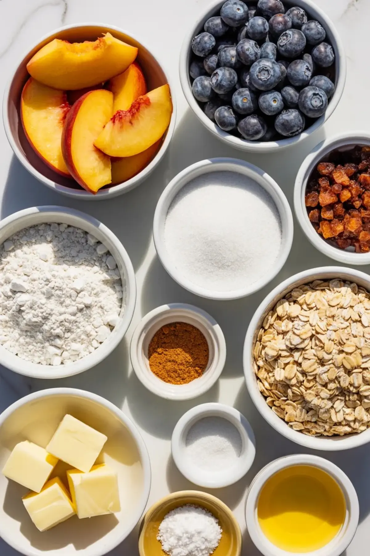 Ingredients for blueberry peach crisp arranged with fresh peaches, blueberries, oats, flour, sugar, butter, cinnamon, lemon juice, and salt.
