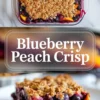 Blueberry peach crisp served on a white plate with juicy blueberries, tender peach slices, and a golden oat crumble topping.