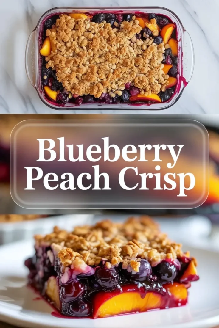 Blueberry peach crisp served on a white plate with juicy blueberries, tender peach slices, and a golden oat crumble topping.