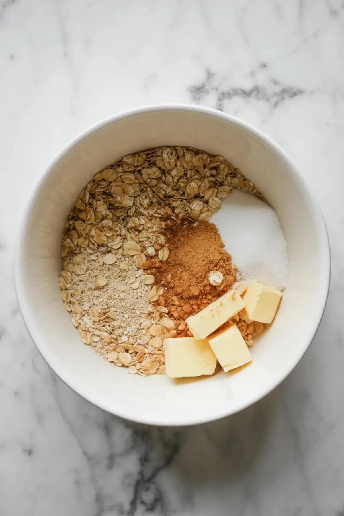 Oat crisp topping ingredients in a bowl with oats, flour, sugar, and butter for blueberry peach crisp.