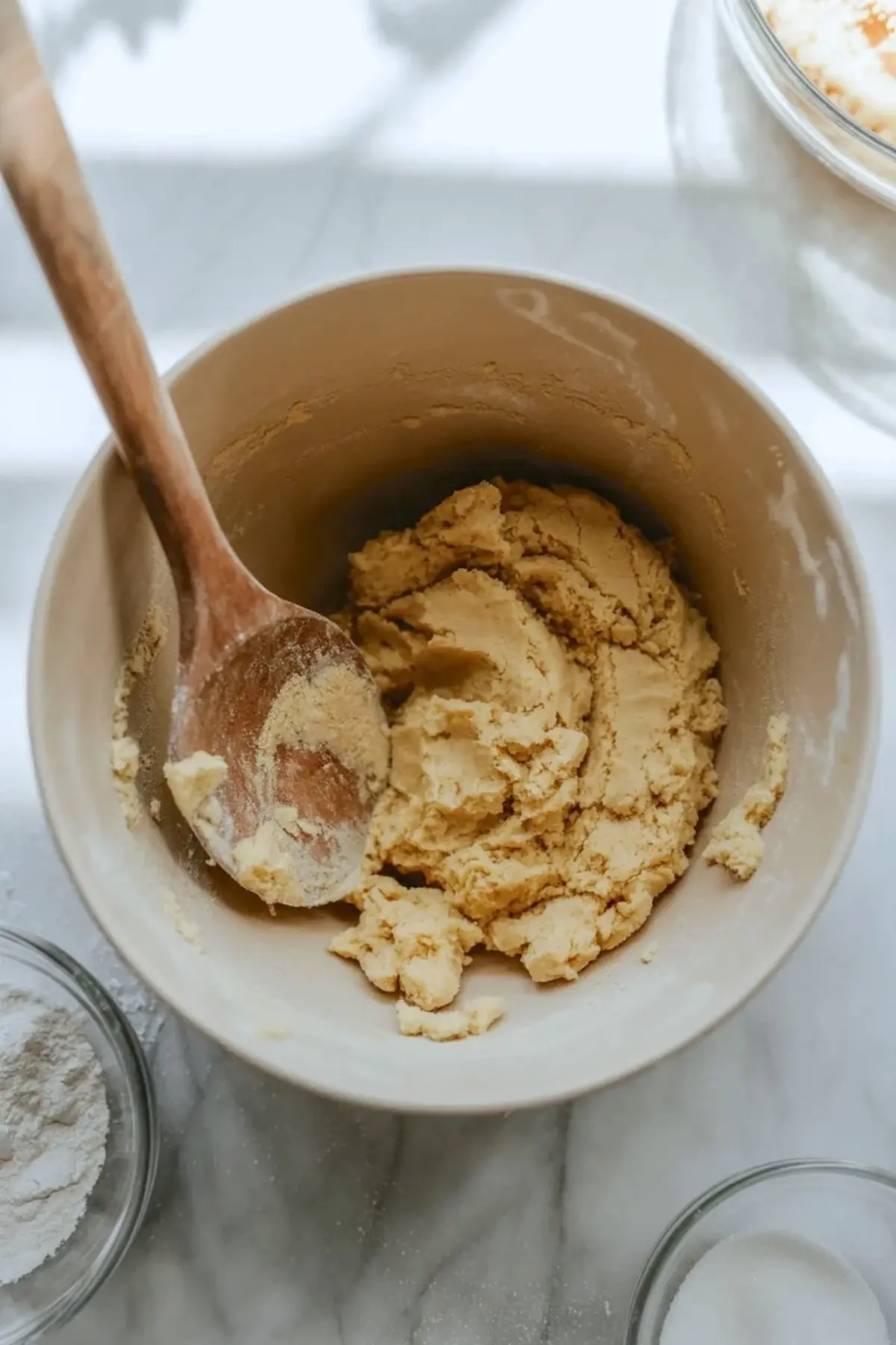 Buttery dough for blueberry pie bars in a white bowl on a marble surface with a wooden spoon.