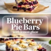 Single plated blueberry pie bar with lemon glaze showing the blueberry filling and buttery base on a white plate.