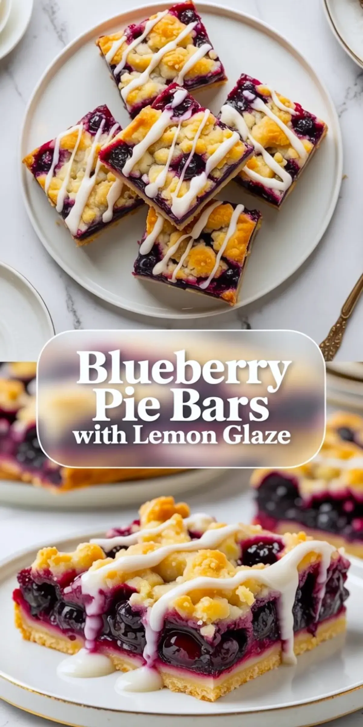 Tall collage of blueberry pie bars showing several glazed bars above and one plated bar below with the recipe title in the center.