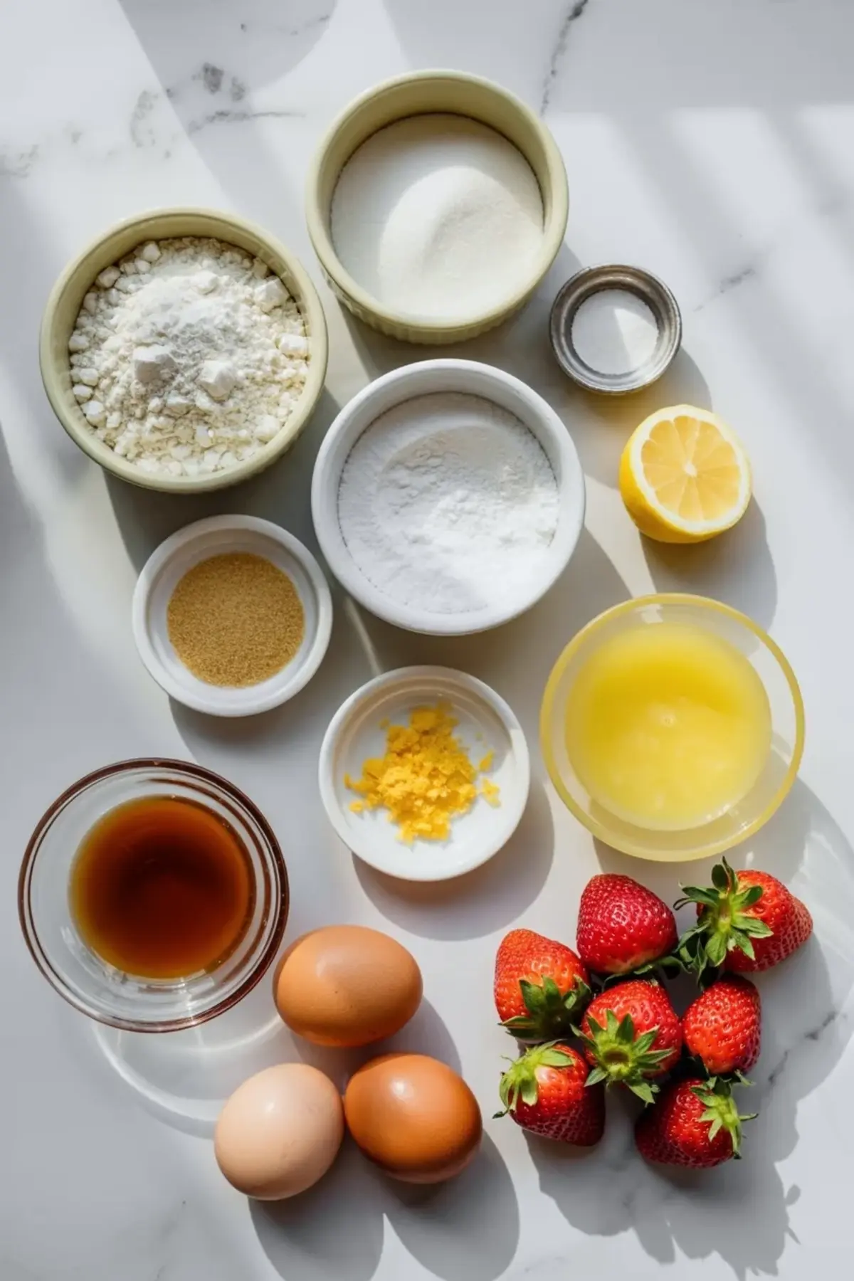 Ingredients for brown butter lemon bars with strawberry glaze arranged on white marble with flour, sugar, eggs, lemon juice, lemon zest, strawberries, and browned butter.