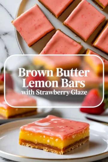 Brown butter lemon bars with strawberry glaze shown as a clean 2 to 3 plated hero image with one glossy pink glazed bar in front and more bars behind.